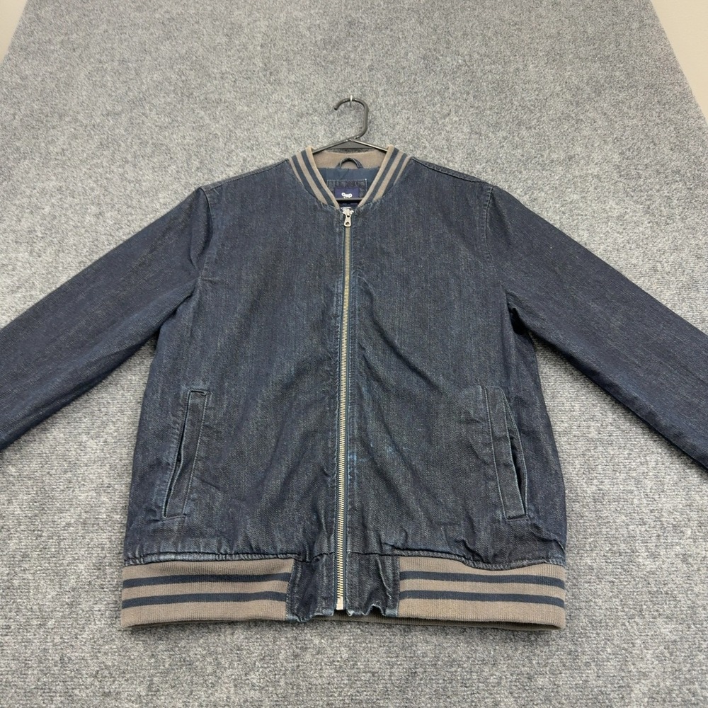 Gap Jacket Mens M Blue Denim Striped Trim Bomber Casual Streetwear